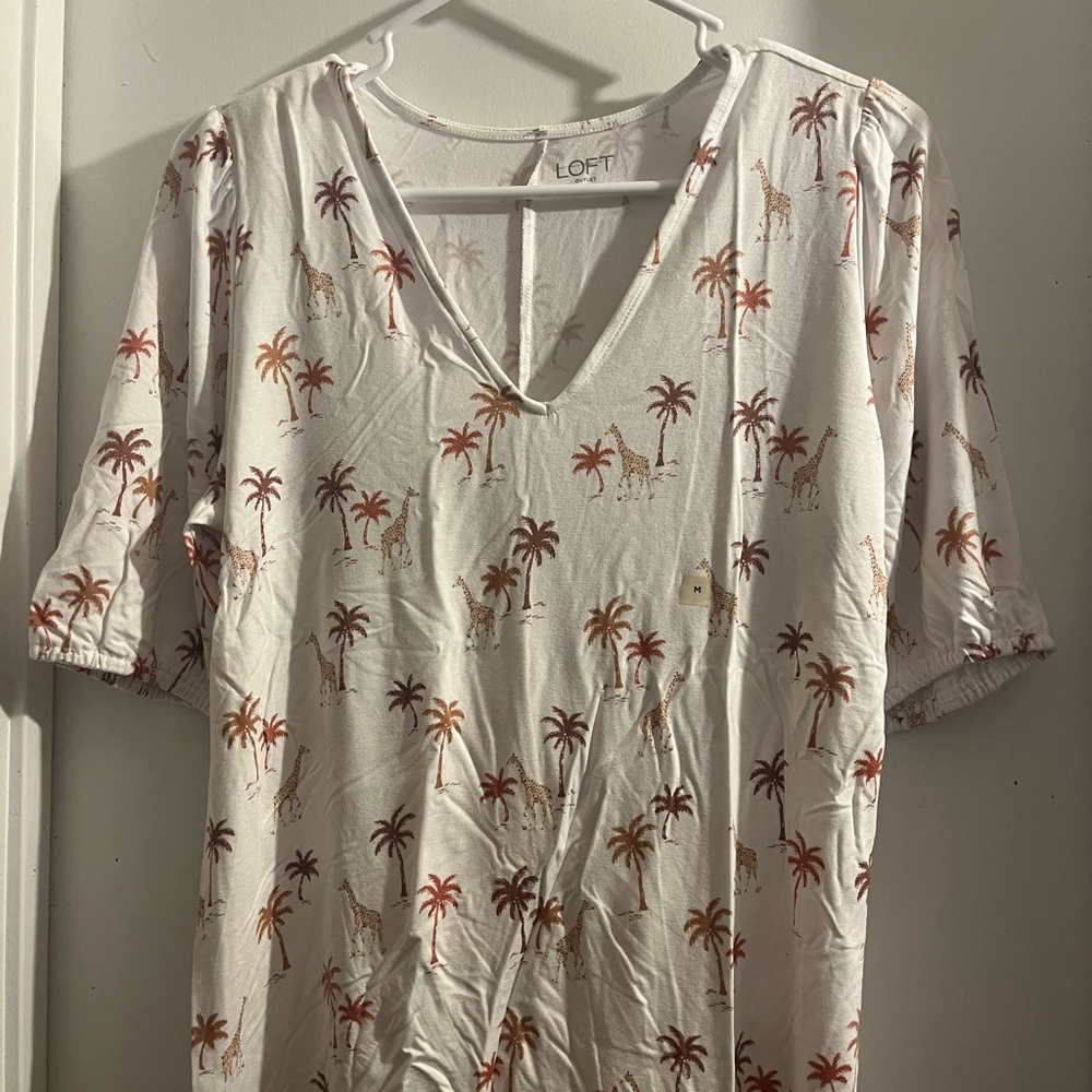 LOFT Women's Cream and Brown Giraffe and Palm Tree Print Top